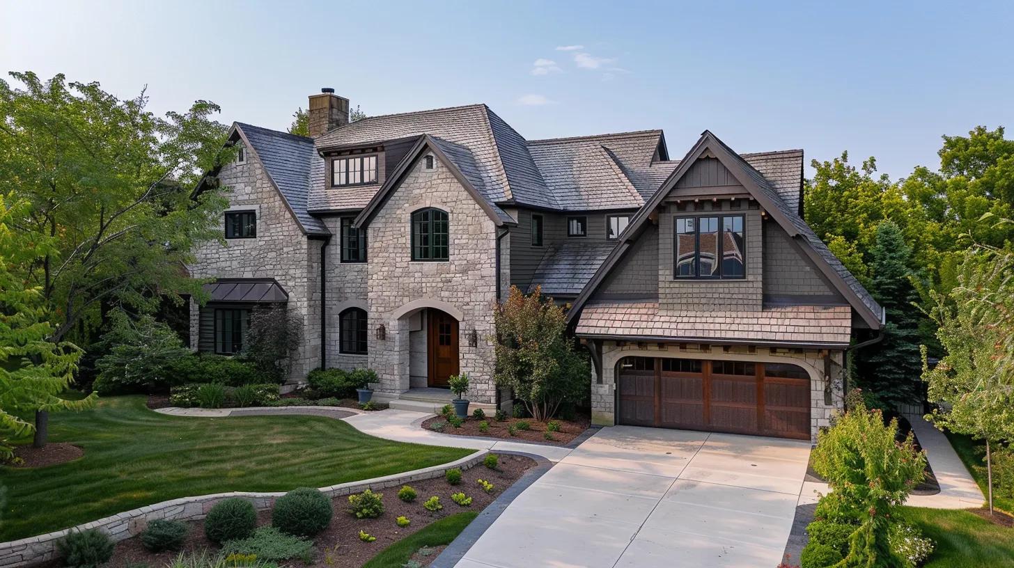 Elegant residential home with stone and wood exterior, manicured lawn, and landscaped garden, relevant to personal tax planning for wealth growth.