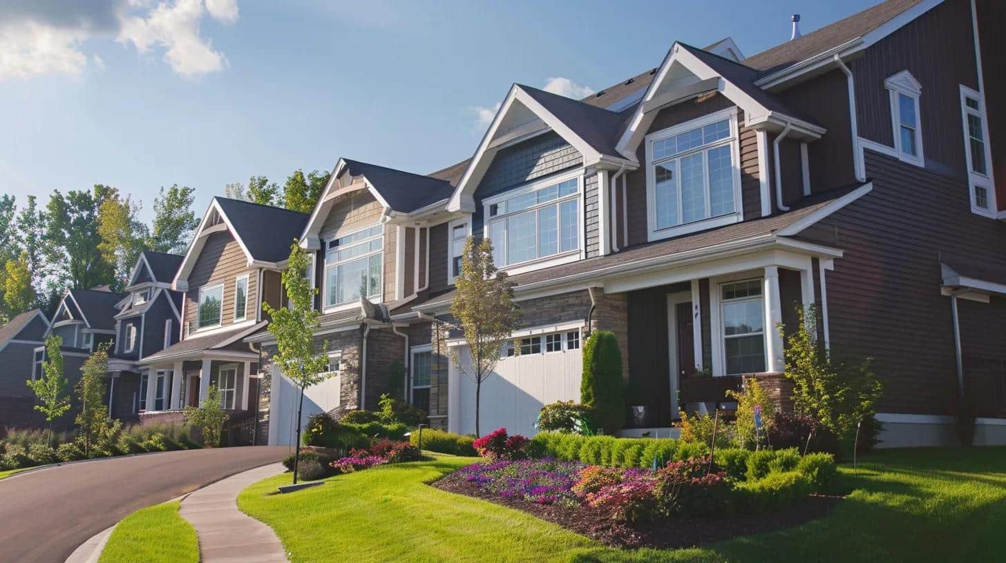 Row of modern houses with landscaped gardens, showcasing well-maintained exteriors and vibrant flower beds, relevant to small business tax preparation and compliance discussions.