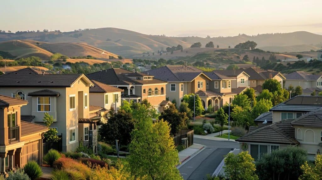 Residential neighborhood with modern houses and greenery, set against rolling hills in the background, reflecting the importance of community in financial planning and tax services.