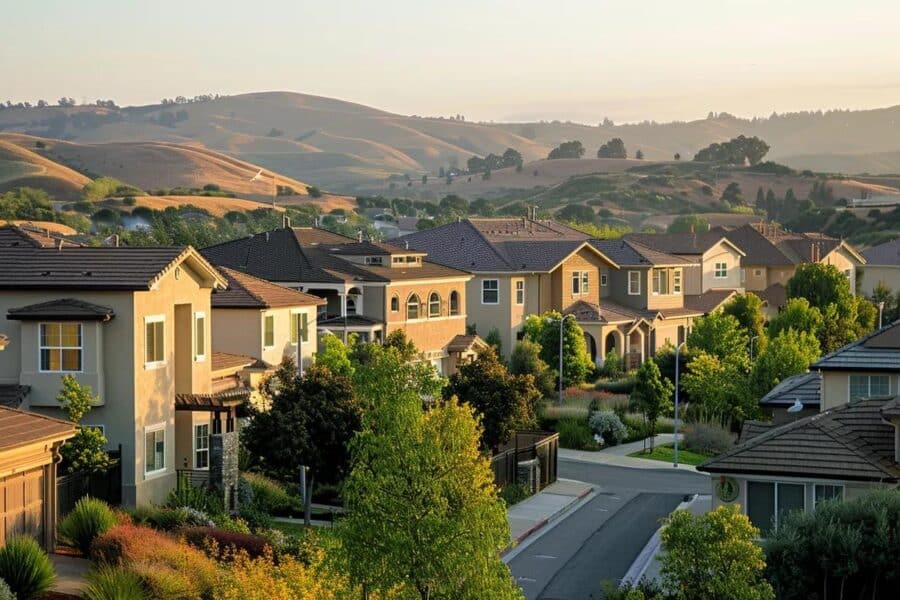 Residential neighborhood with modern houses and greenery, set against rolling hills, reflecting the importance of community in tax planning and financial services for small businesses.