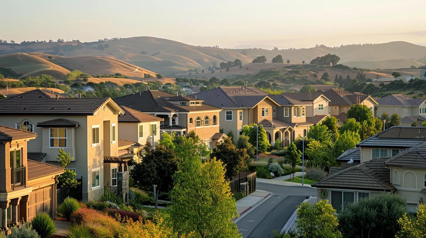 Residential neighborhood with modern houses and green landscaping, set against rolling hills, illustrating a tranquil living environment relevant to tax planning and homeownership.