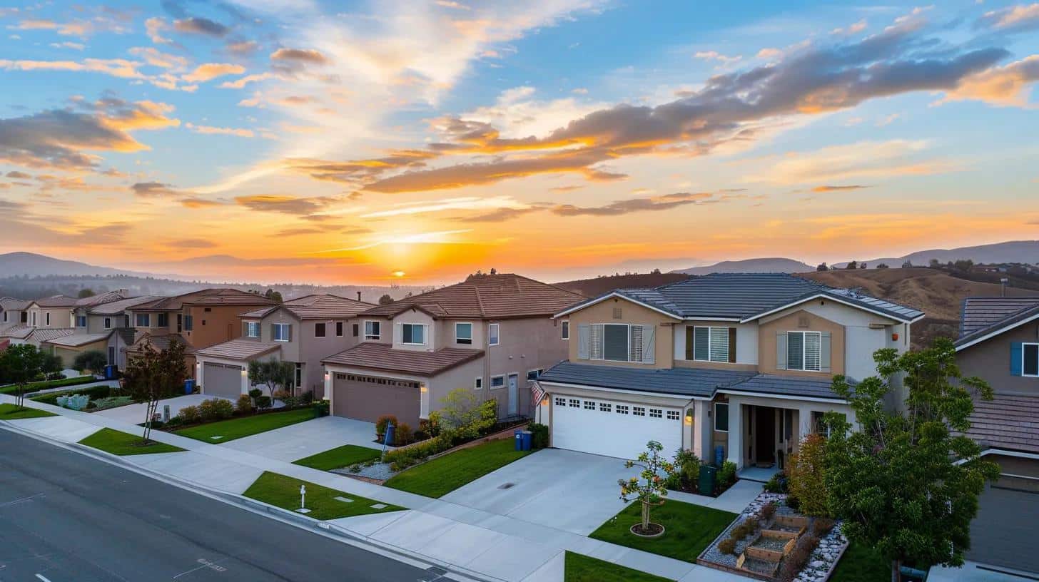Residential neighborhood with modern homes at sunset, showcasing well-maintained lawns and driveways, emphasizing community and tranquility.