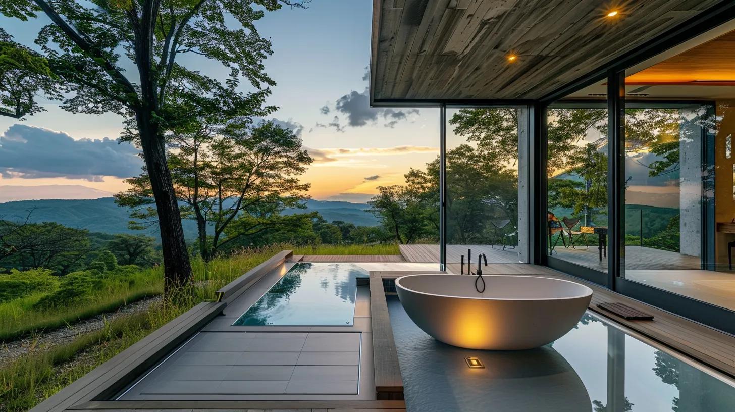 Modern bathroom with a freestanding tub and glass wall overlooking a scenic mountain view at sunset, emphasizing relaxation and tranquility.
