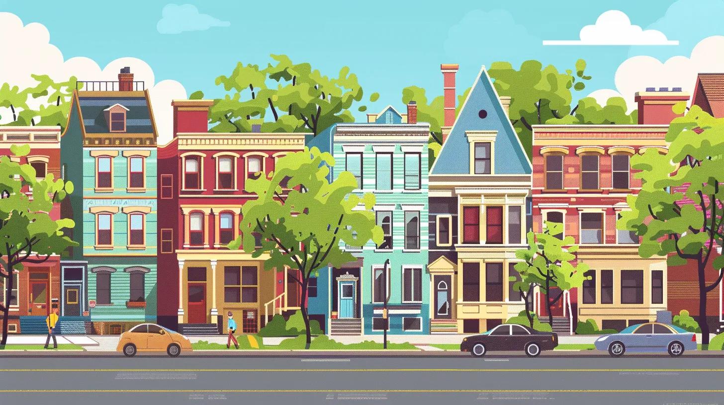 Colorful row of residential buildings with trees lining the street, depicting a vibrant neighborhood scene relevant to community living and financial planning.