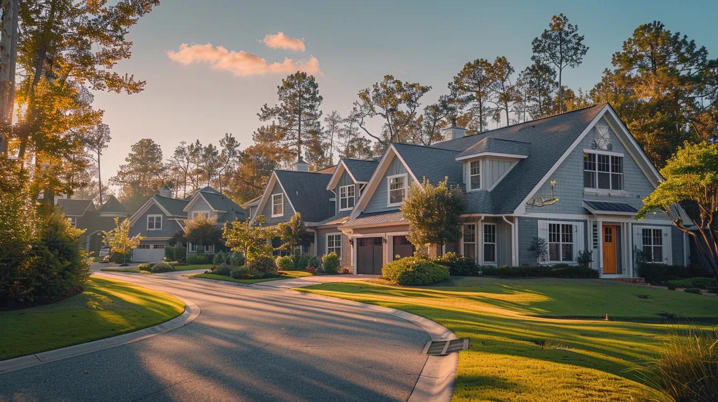 Residential neighborhood with modern houses, well-maintained lawns, and trees, illustrating a serene environment for potential business owners considering sole proprietorships or LLCs for tax optimization.