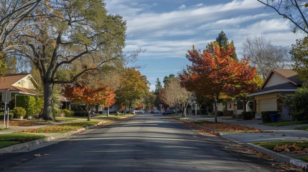 Residential street with autumn foliage, colorful trees, and houses, illustrating neighborhood life and seasonal change.