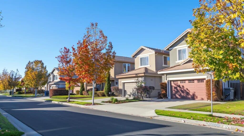 Residential street with autumn trees and houses, illustrating suburban living and community environment.