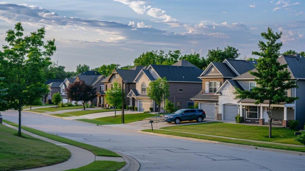 Residential neighborhood with well-maintained homes, green lawns, and trees, illustrating a peaceful community setting relevant to financial planning and homeownership discussions.